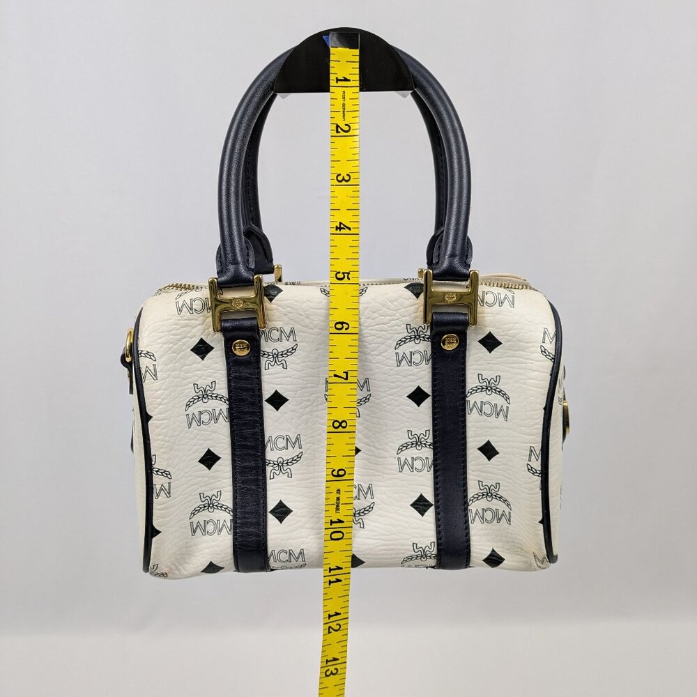MCM Navy Blue and White Monogram Rare Boston Mini Top Handle Bag - Picture 6 of 14